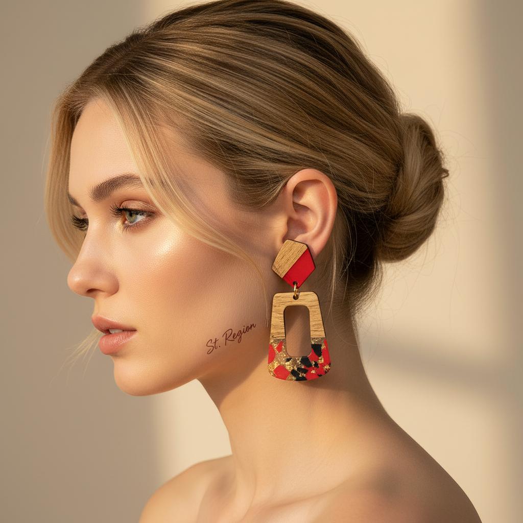 Red and Blue Resin Wood Goldtone Open Rectangular Hook Earrings, gold drop earrings for women, everyday style, styled look
