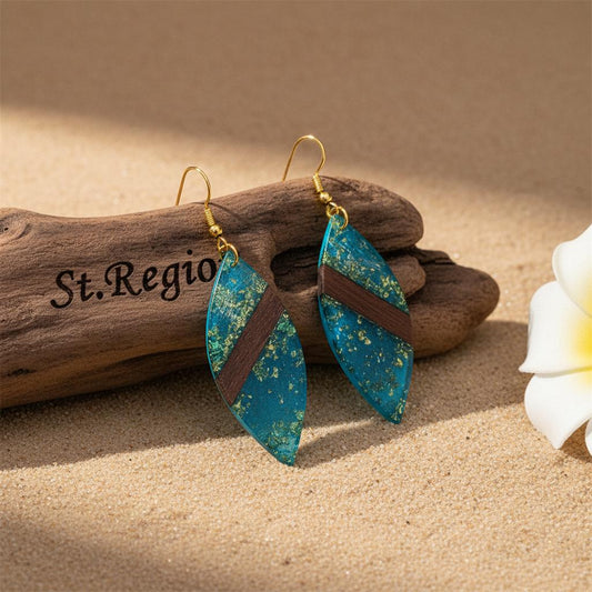 Blue Resin and Wood Goldtone Leaf Hook Earrings, gold drop earrings for women, vintage-inspired design, front view