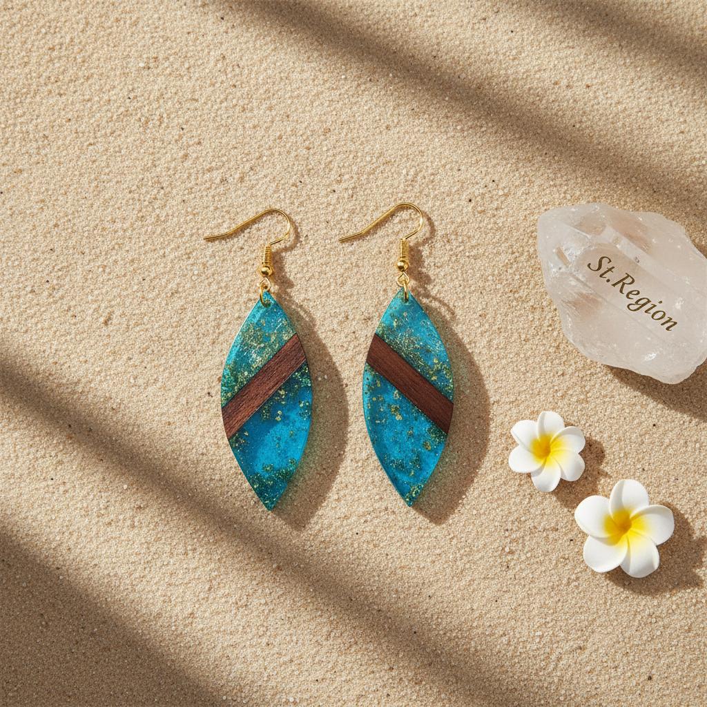 Blue Resin and Wood Goldtone Leaf Hook Earrings, gold drop earrings for women, vintage-inspired design, detail close-up