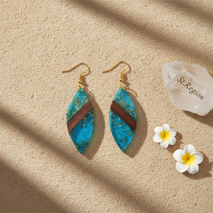 Blue Resin and Wood Goldtone Leaf Hook Earrings, gold drop earrings for women, vintage-inspired design, detail close-up