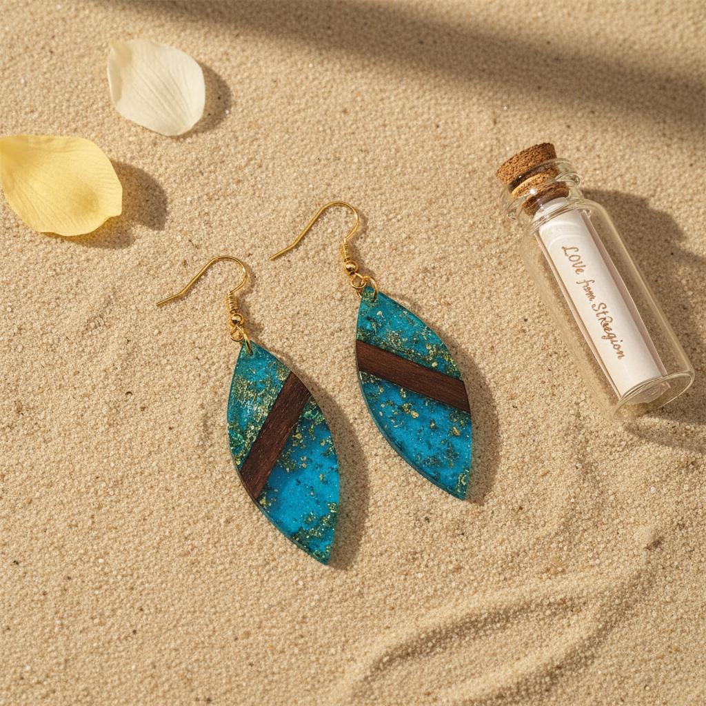 Blue Resin and Wood Goldtone Leaf Hook Earrings, gold drop earrings for women, vintage-inspired design, lifestyle look
