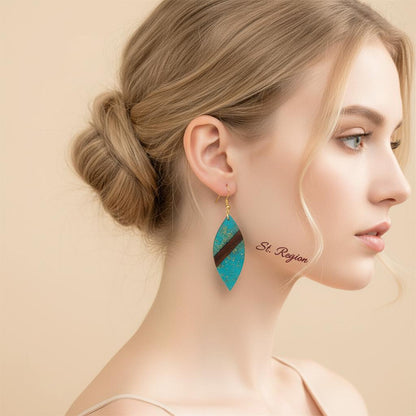 Blue Resin and Wood Goldtone Leaf Hook Earrings, gold drop earrings for women, vintage-inspired design, styled look