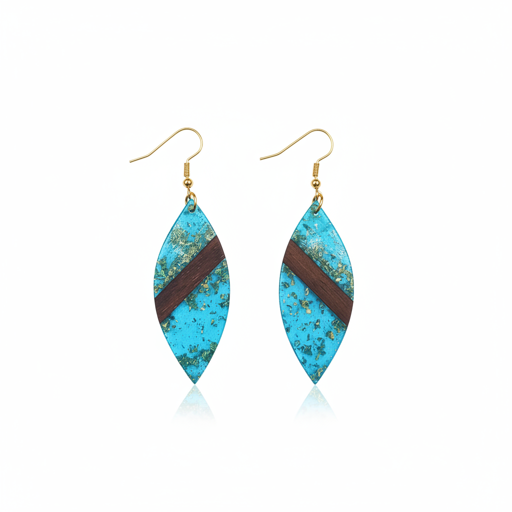 Blue Resin & Wood Goldtone Leaf Hook Earrings - Street Region