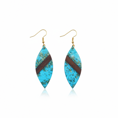 Blue Resin & Wood Goldtone Leaf Hook Earrings - Street Region