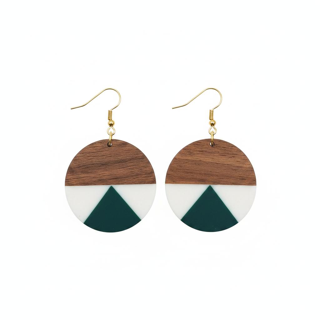 Emerald Green Resin and Wood Goldtone Patchwork Circular Hook Earrings, gold drop earrings for women, side view