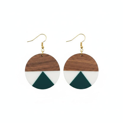 Emerald Green Resin and Wood Goldtone Patchwork Circular Hook Earrings, gold drop earrings for women, side view