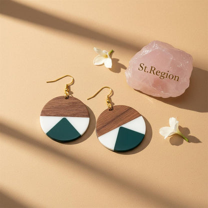 Emerald Green Resin and Wood Goldtone Patchwork Circular Hook Earrings, gold drop earrings for women, detail close-up