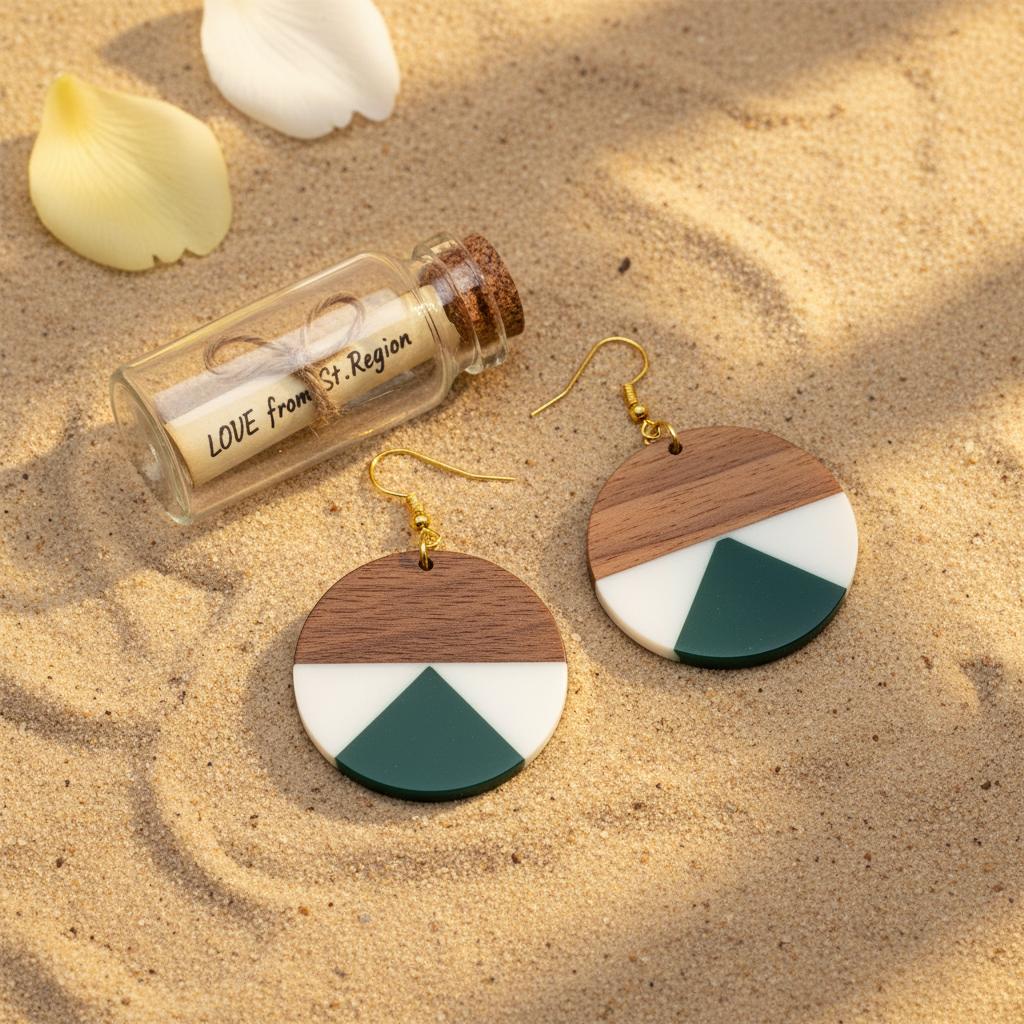 Emerald Green Resin and Wood Goldtone Patchwork Circular Hook Earrings, gold drop earrings for women, lifestyle look