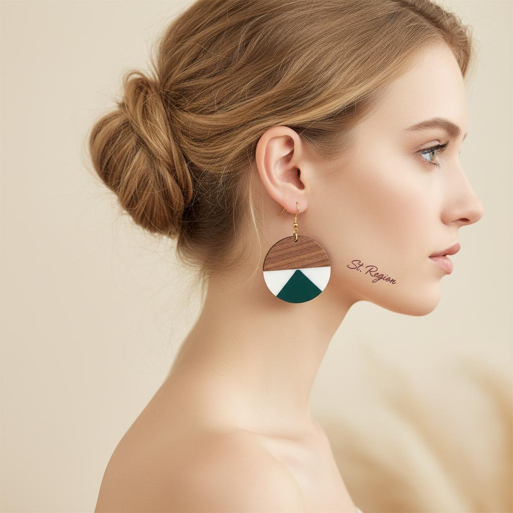 Emerald Green Resin and Wood Goldtone Patchwork Circular Hook Earrings, gold drop earrings for women, styled look