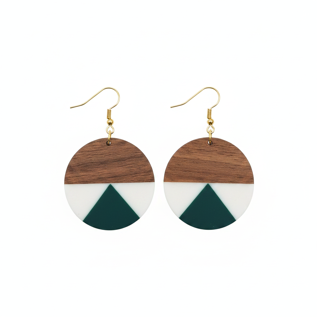 Emerald Green Resin & Wood Goldtone Patchwork Circular Hook Earrings - Street Region