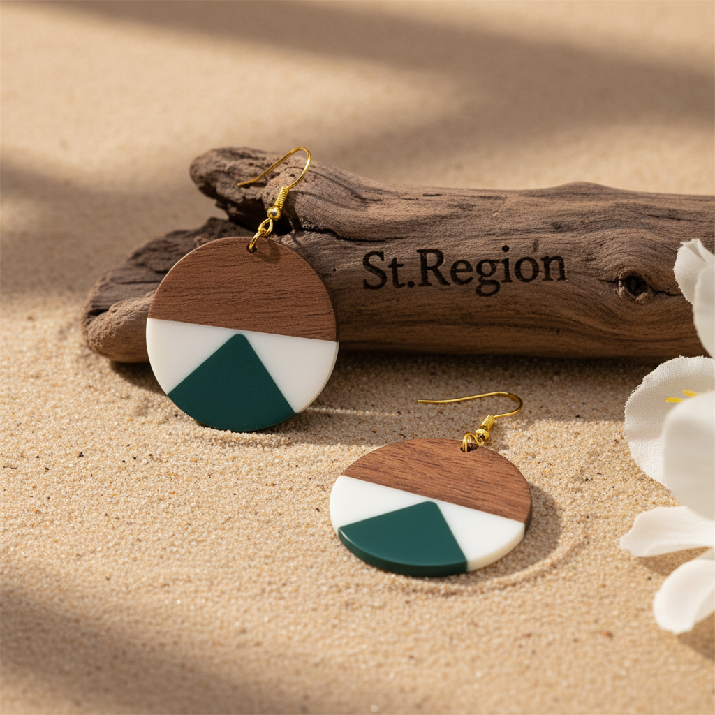 Emerald Green Resin & Wood Goldtone Patchwork Circular Hook Earrings - Street Region