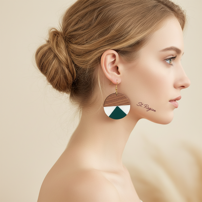 Emerald Green Resin & Wood Goldtone Patchwork Circular Hook Earrings - Street Region