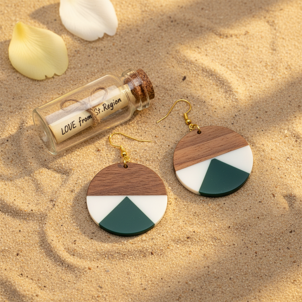 Emerald Green Resin & Wood Goldtone Patchwork Circular Hook Earrings - Street Region
