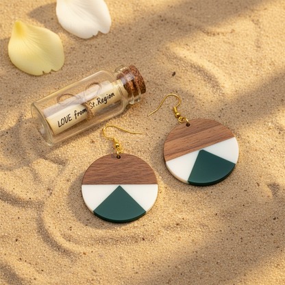 Emerald Green Resin & Wood Goldtone Patchwork Circular Hook Earrings - Street Region
