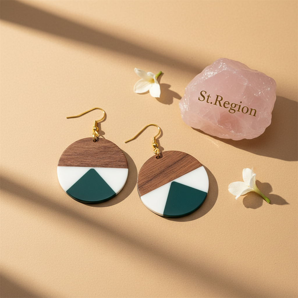 Emerald Green Resin & Wood Goldtone Patchwork Circular Hook Earrings - Street Region
