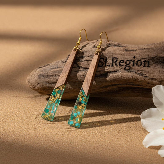 Green Resin and Wood Goldtone Long ‌Trapezoid Hook Earrings, gold drop earrings for women, elegant gift for her, front view