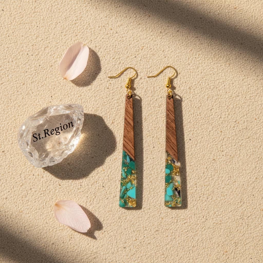 Green Resin and Wood Goldtone Long ‌Trapezoid Hook Earrings, gold drop earrings for women, detail close-up