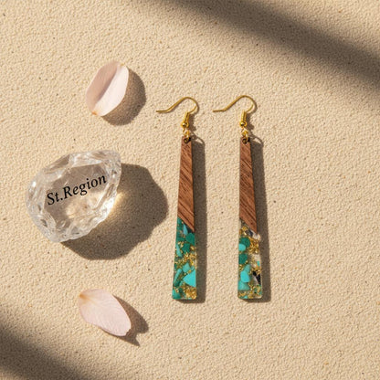 Green Resin and Wood Goldtone Long ‌Trapezoid Hook Earrings, gold drop earrings for women, detail close-up
