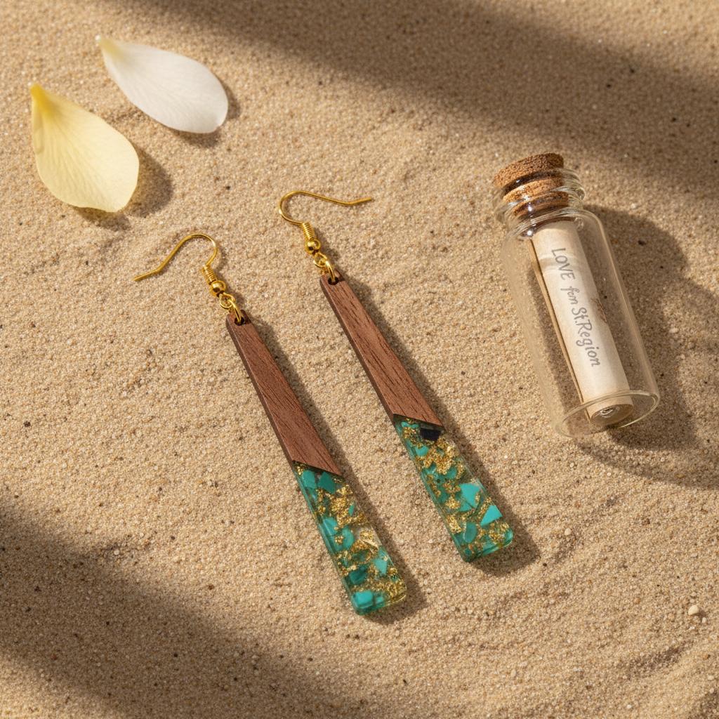 Green Resin and Wood Goldtone Long ‌Trapezoid Hook Earrings, gold drop earrings for women, lifestyle look