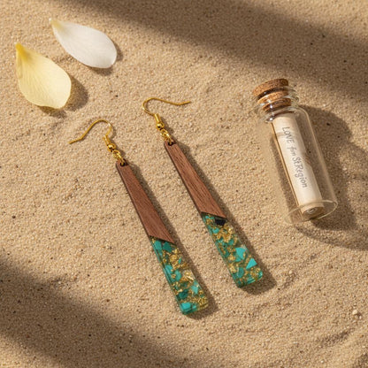 Green Resin and Wood Goldtone Long ‌Trapezoid Hook Earrings, gold drop earrings for women, lifestyle look