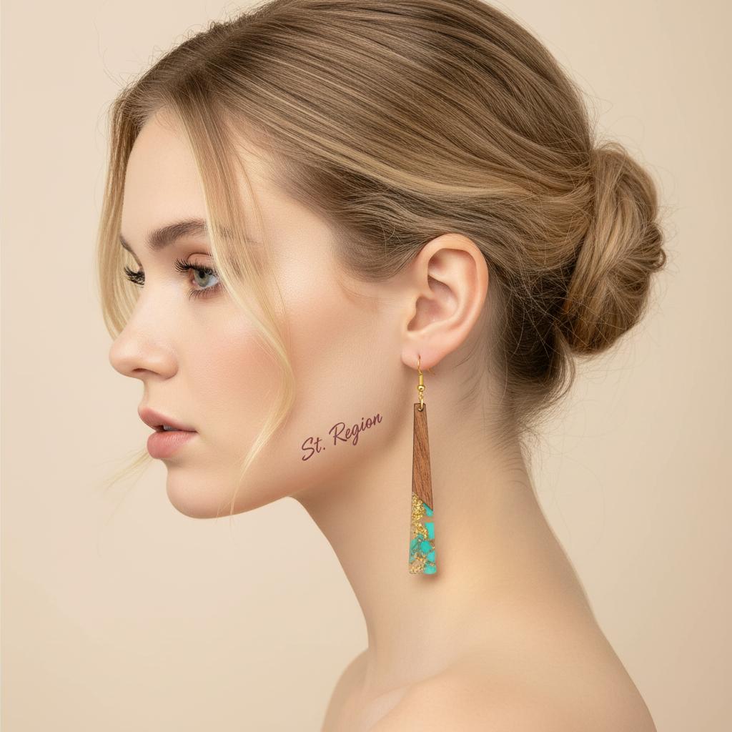 Green Resin and Wood Goldtone Long ‌Trapezoid Hook Earrings, gold drop earrings for women, elegant gift for her, styled look