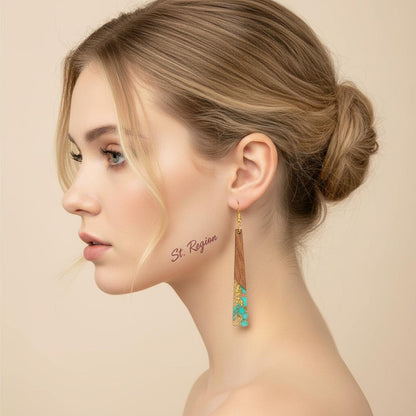 Green Resin and Wood Goldtone Long ‌Trapezoid Hook Earrings, gold drop earrings for women, elegant gift for her, styled look
