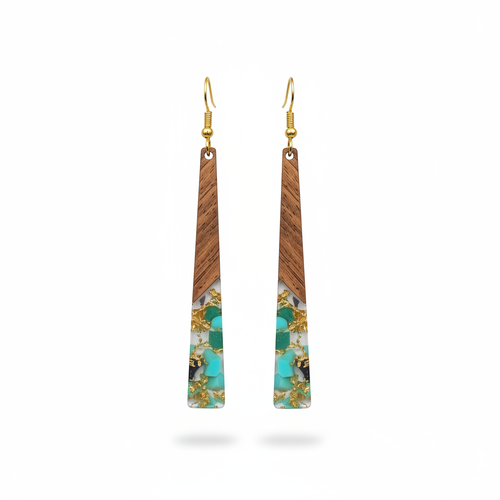 Green Resin & Wood Goldtone Long ‌Trapezoid Hook Earrings - Street Region