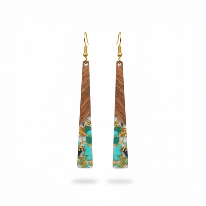 Green Resin & Wood Goldtone Long ‌Trapezoid Hook Earrings - Street Region