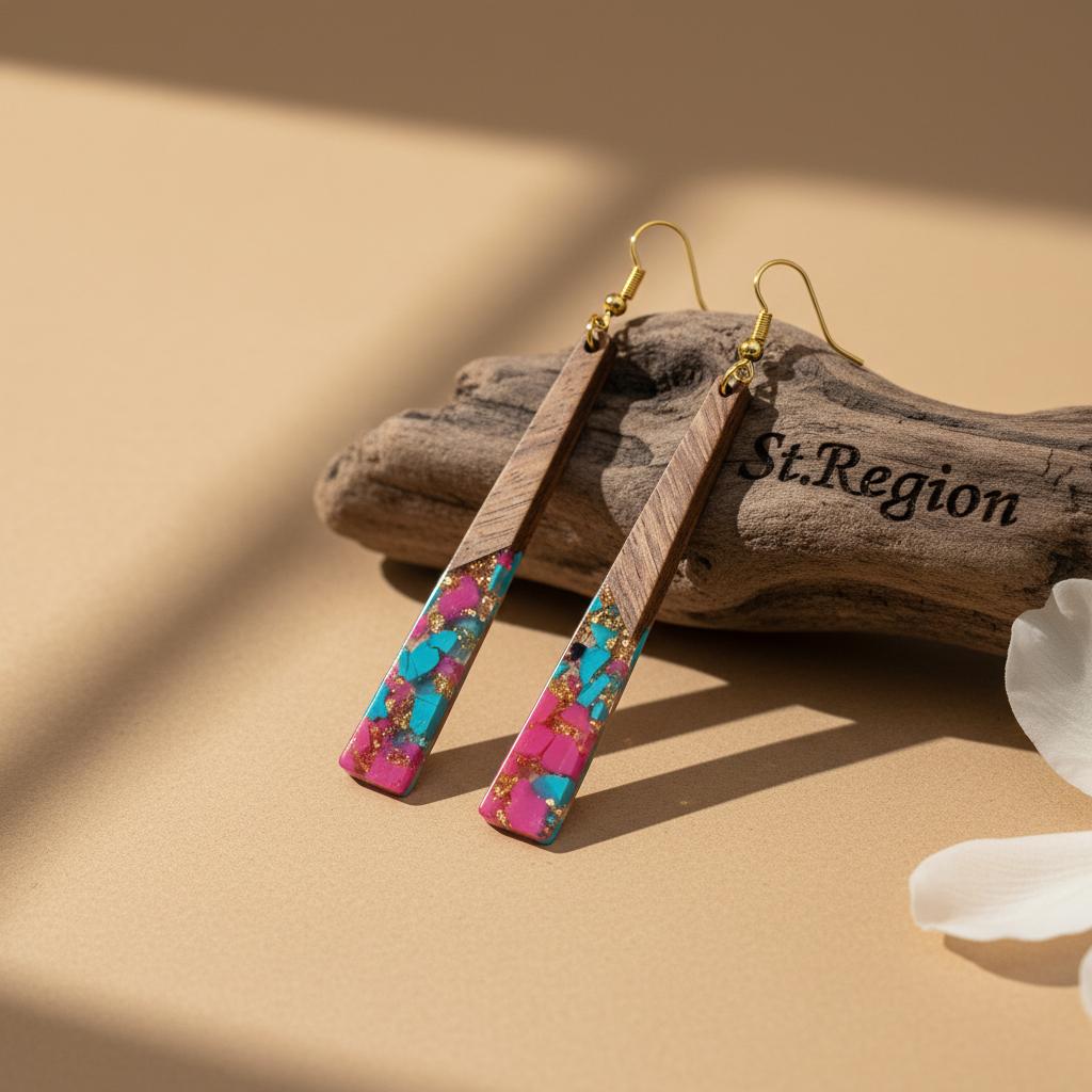 Rose and Blue Resin Wood Goldtone Long ‌Trapezoid Hook Earrings, gold drop earrings for women, botanical inspired, front view