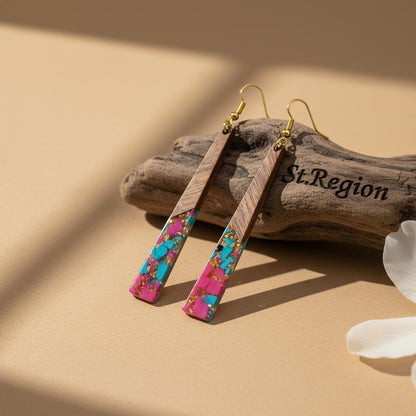 Rose and Blue Resin Wood Goldtone Long ‌Trapezoid Hook Earrings, gold drop earrings for women, botanical inspired, front view