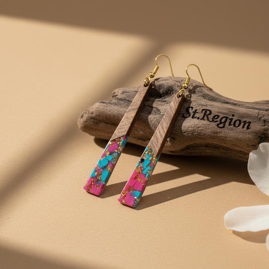 Rose and Blue Resin Wood Goldtone Long ‌Trapezoid Hook Earrings, gold drop earrings for women, botanical inspired, front view