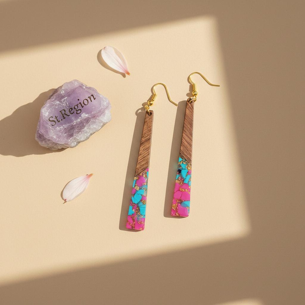 Rose and Blue Resin Wood Goldtone Long ‌Trapezoid Hook Earrings, gold drop earrings for women, detail close-up
