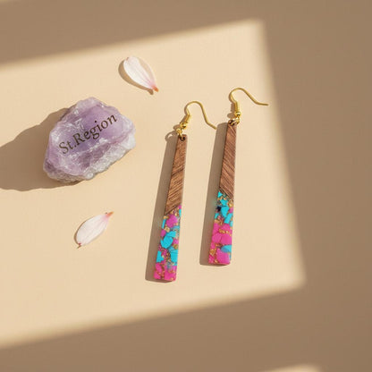 Rose and Blue Resin Wood Goldtone Long ‌Trapezoid Hook Earrings, gold drop earrings for women, detail close-up