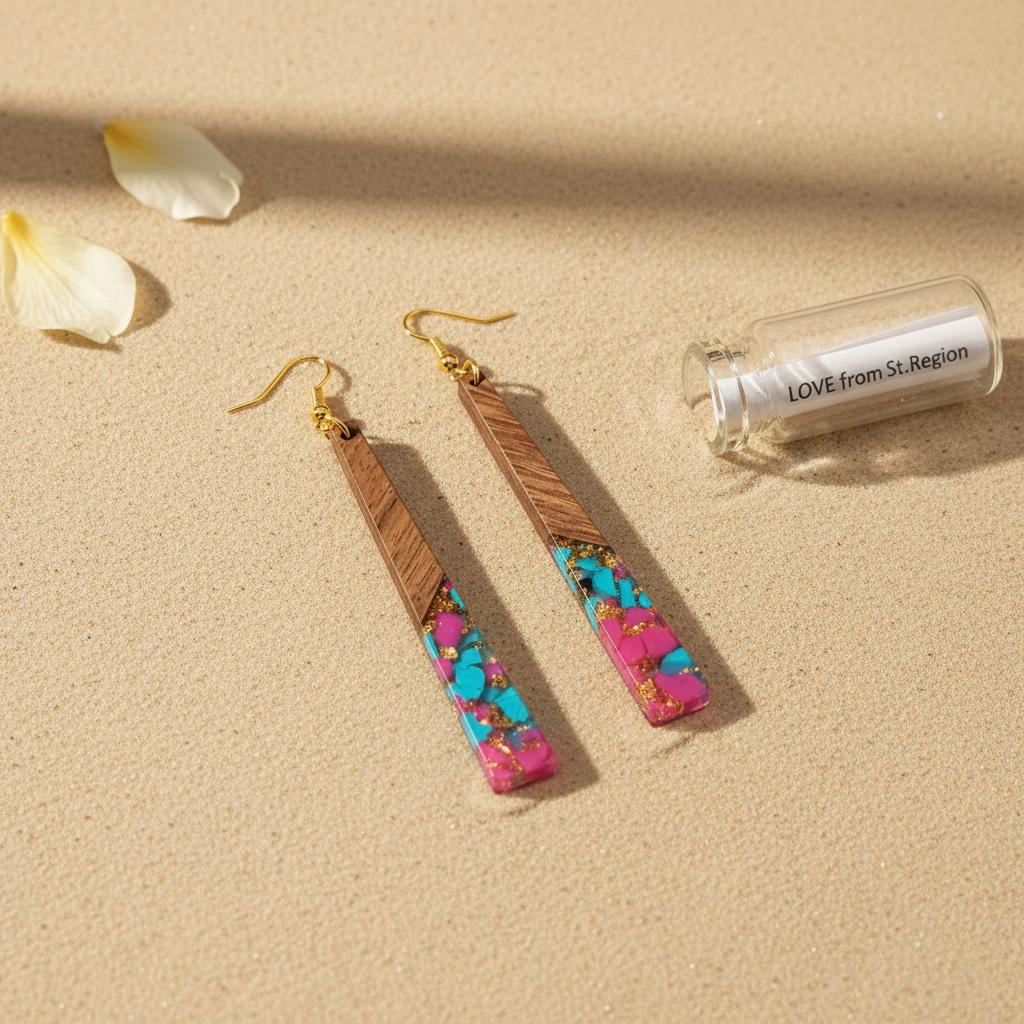 Rose and Blue Resin Wood Goldtone Long ‌Trapezoid Hook Earrings, gold drop earrings for women, lifestyle look