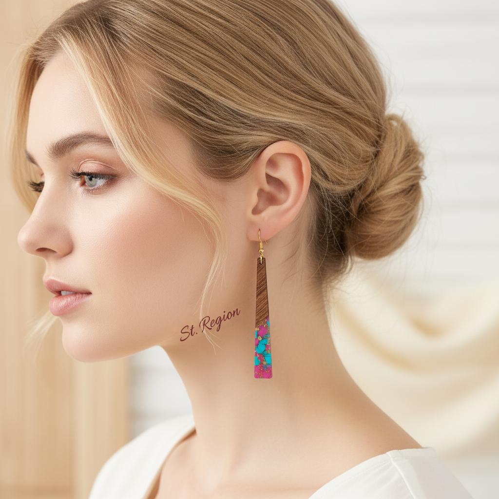 Rose and Blue Resin Wood Goldtone Long ‌Trapezoid Hook Earrings, gold drop earrings for women, styled look