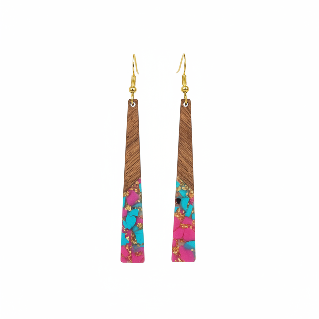 Rose & Blue Resin Wood Goldtone Long ‌Trapezoid Hook Earrings - Street Region