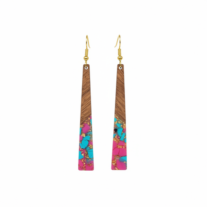 Rose & Blue Resin Wood Goldtone Long ‌Trapezoid Hook Earrings - Street Region