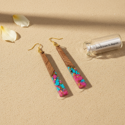 Rose & Blue Resin Wood Goldtone Long ‌Trapezoid Hook Earrings - Street Region