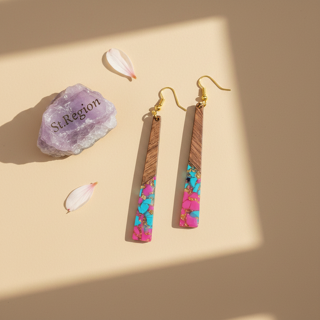 Rose & Blue Resin Wood Goldtone Long ‌Trapezoid Hook Earrings - Street Region