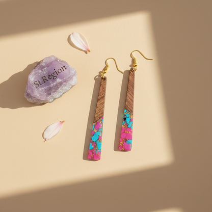 Rose & Blue Resin Wood Goldtone Long ‌Trapezoid Hook Earrings - Street Region