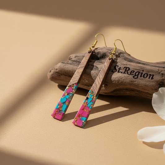 Rose & Blue Resin Wood Goldtone Long ‌Trapezoid Hook Earrings - Street Region