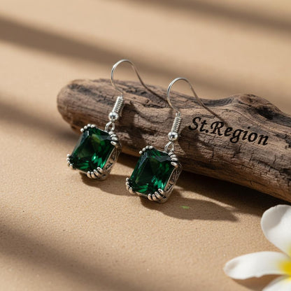 Green Crystal and Silver-Plated Princess-Cut Drop Earrings, silver drop earrings for women, everyday style, front view