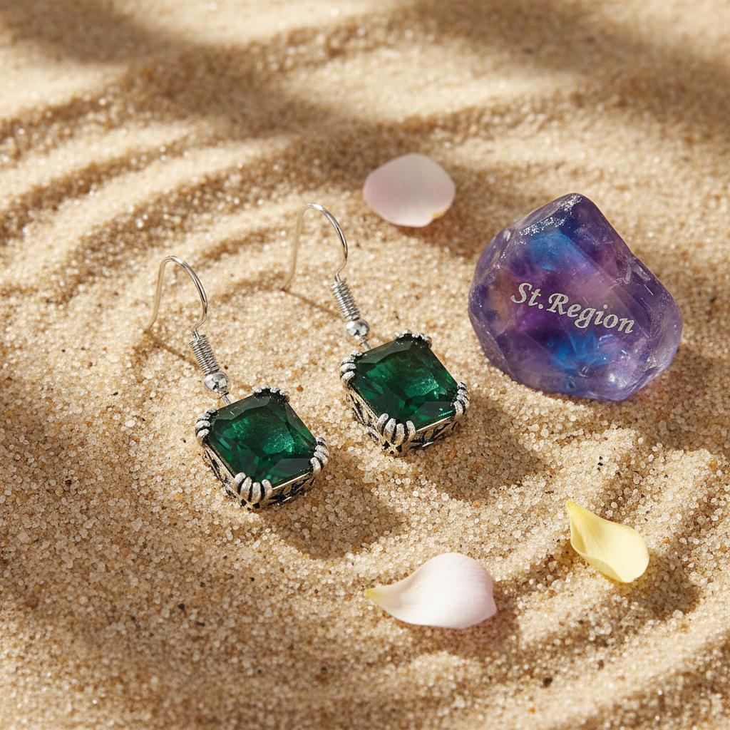 Green Crystal and Silver-Plated Princess-Cut Drop Earrings, silver drop earrings for women, everyday style, detail close-up
