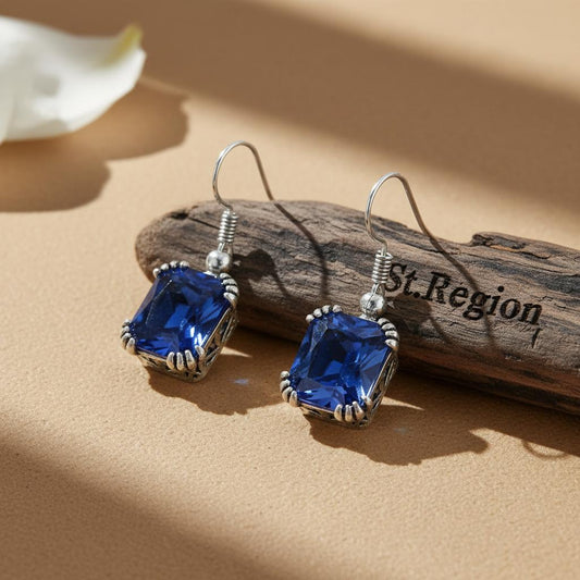 Navy Crystal & Silver-Plated Princess-Cut Drop Earrings