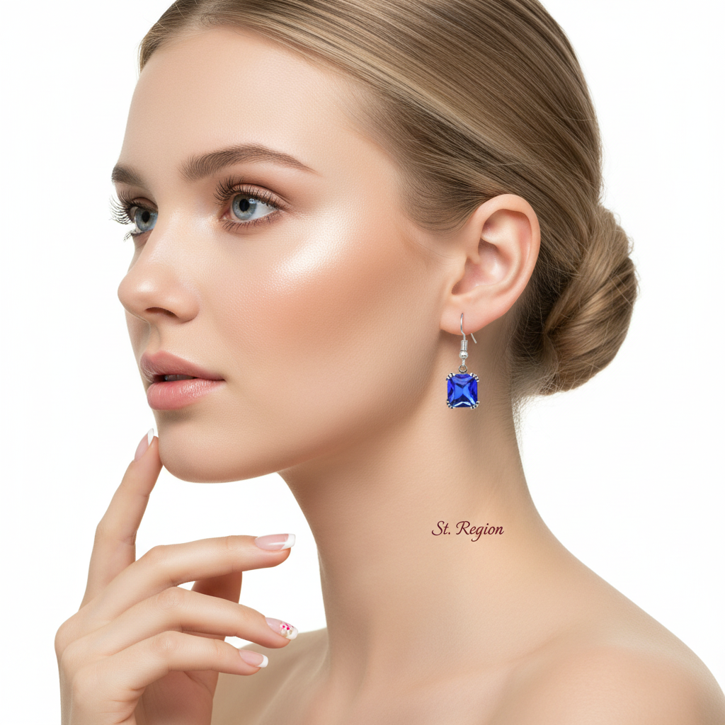 Navy Crystal & Silver-Plated Princess-Cut Drop Earrings - Street Region