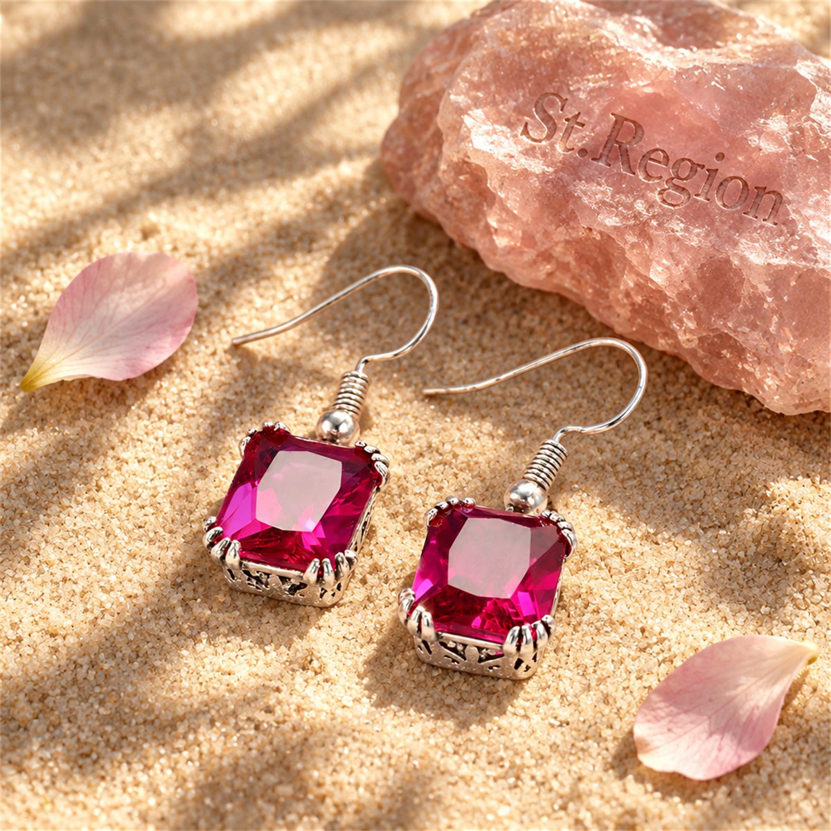 Rose Crystal and Silver-Plated Princess-Cut Drop Earrings, silver drop earrings for women, detail close-up