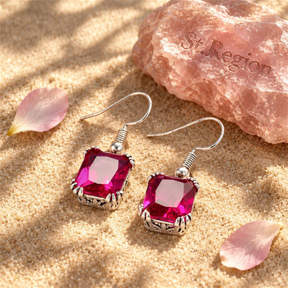 Rose Crystal and Silver-Plated Princess-Cut Drop Earrings, silver drop earrings for women, detail close-up