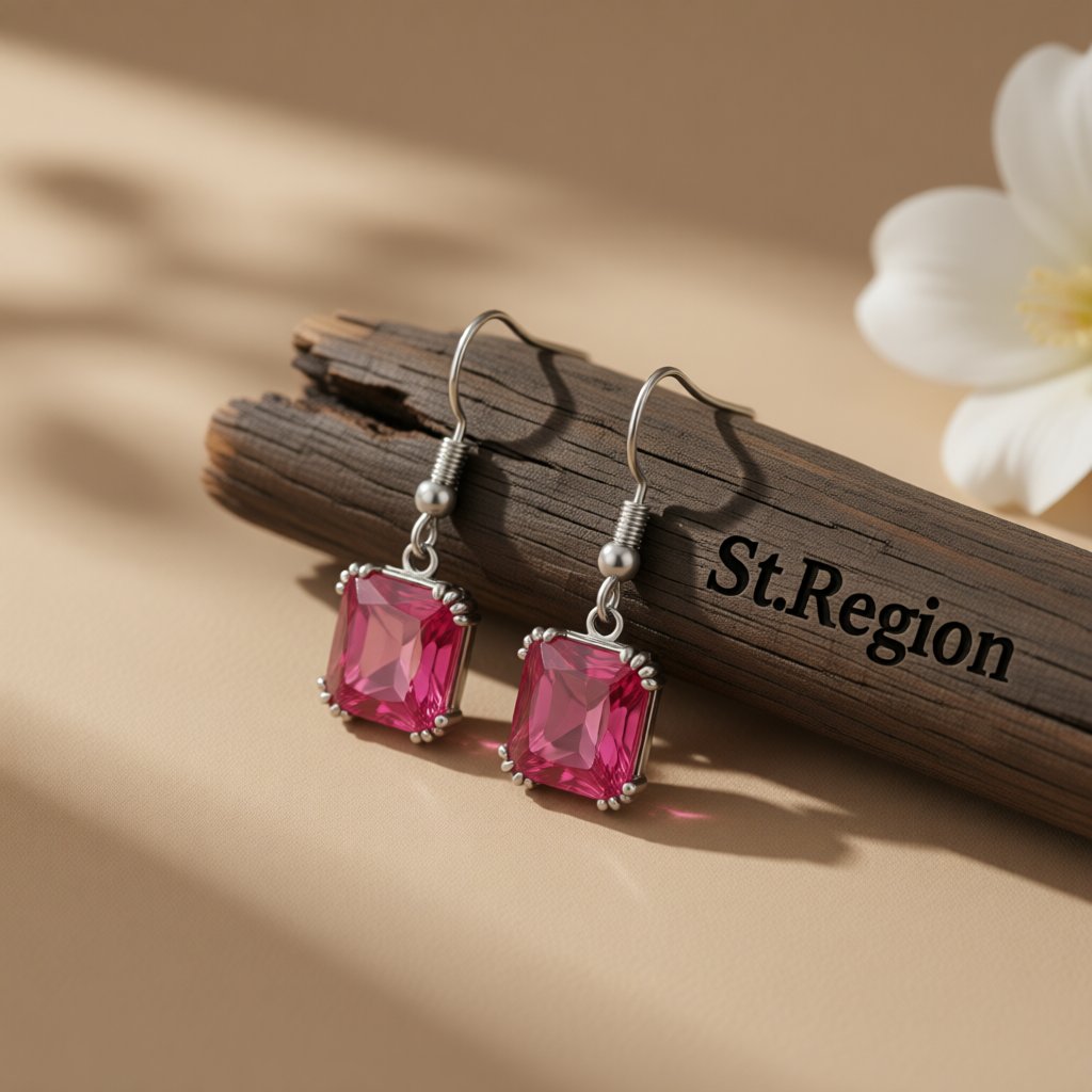 Rose Crystal and Silver-Plated Princess-Cut Drop Earrings, silver drop earrings for women, botanical inspired, front view