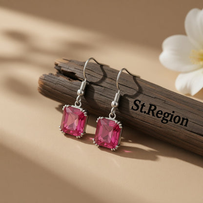 Rose Crystal and Silver-Plated Princess-Cut Drop Earrings, silver drop earrings for women, botanical inspired, front view