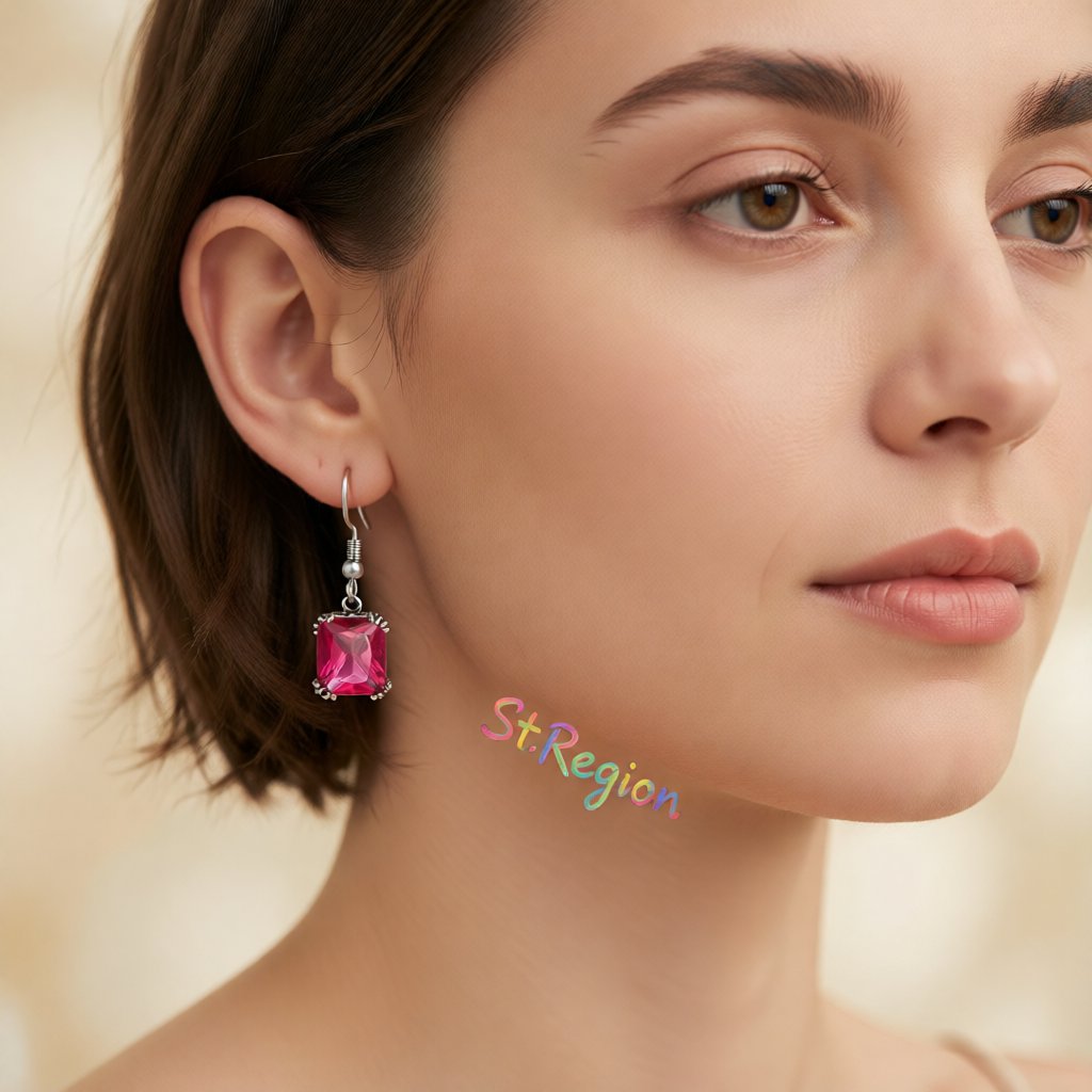 Rose Crystal and Silver-Plated Princess-Cut Drop Earrings, silver drop earrings for women, botanical inspired, styled look